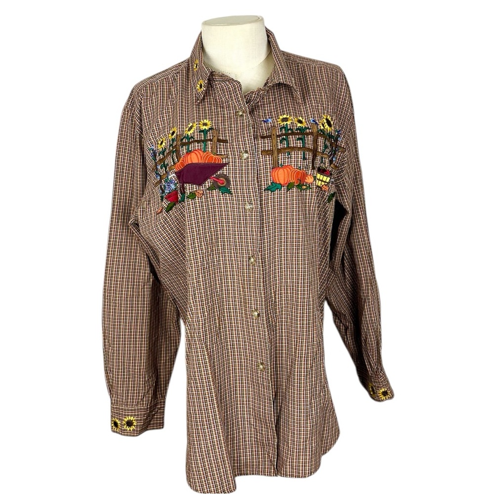 Vintage‎ Fall Harvest shirt button front embroidered Autumn size Large plaid top